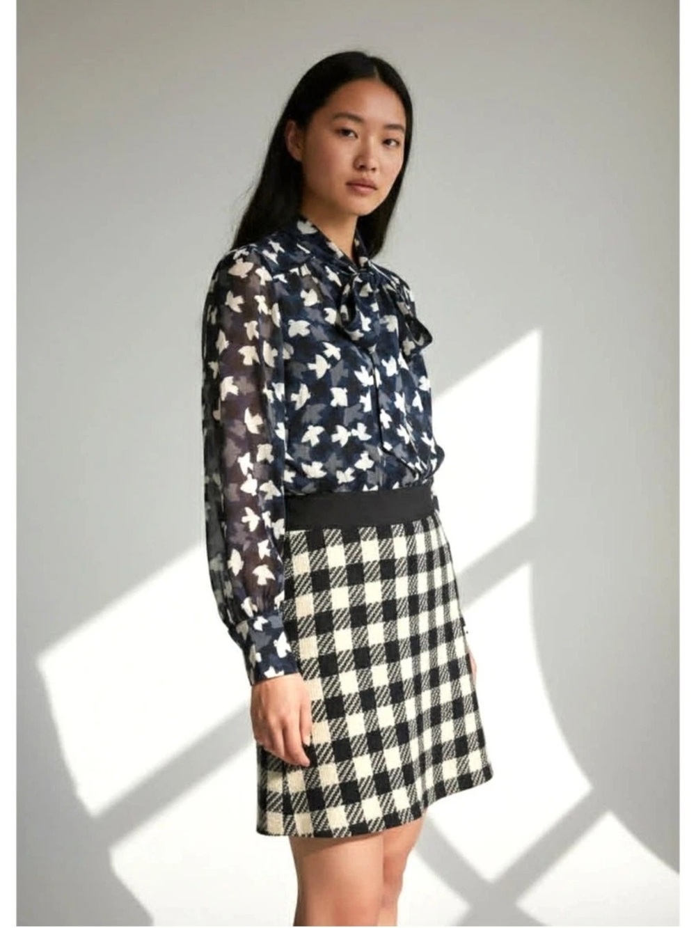 MILLY of NEW YORK Silk Bird Print and Wool Plaid Dress, size 2
